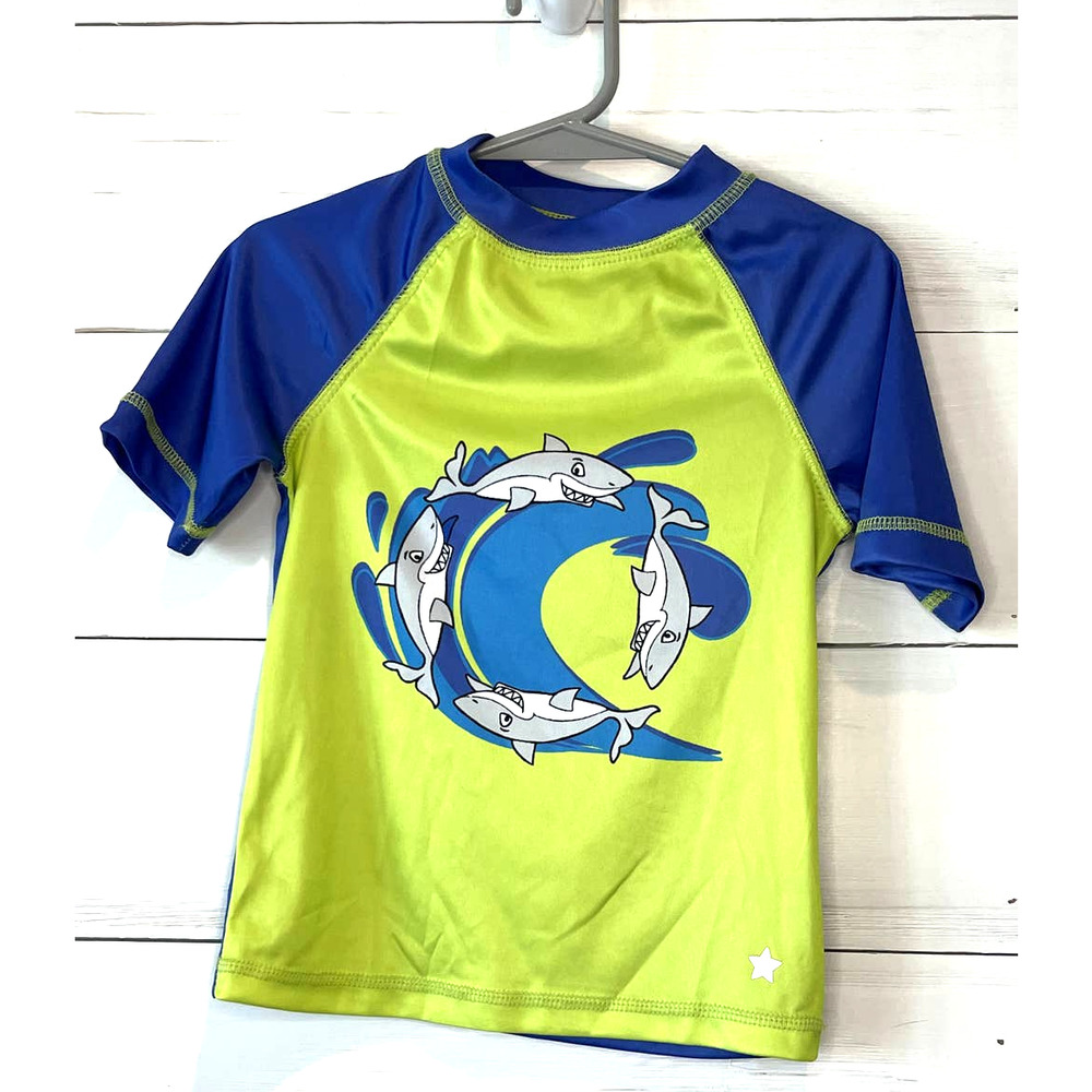Liberty Valor Blue and Green Shark Rashguard and Swim Trunks, 3T Boys